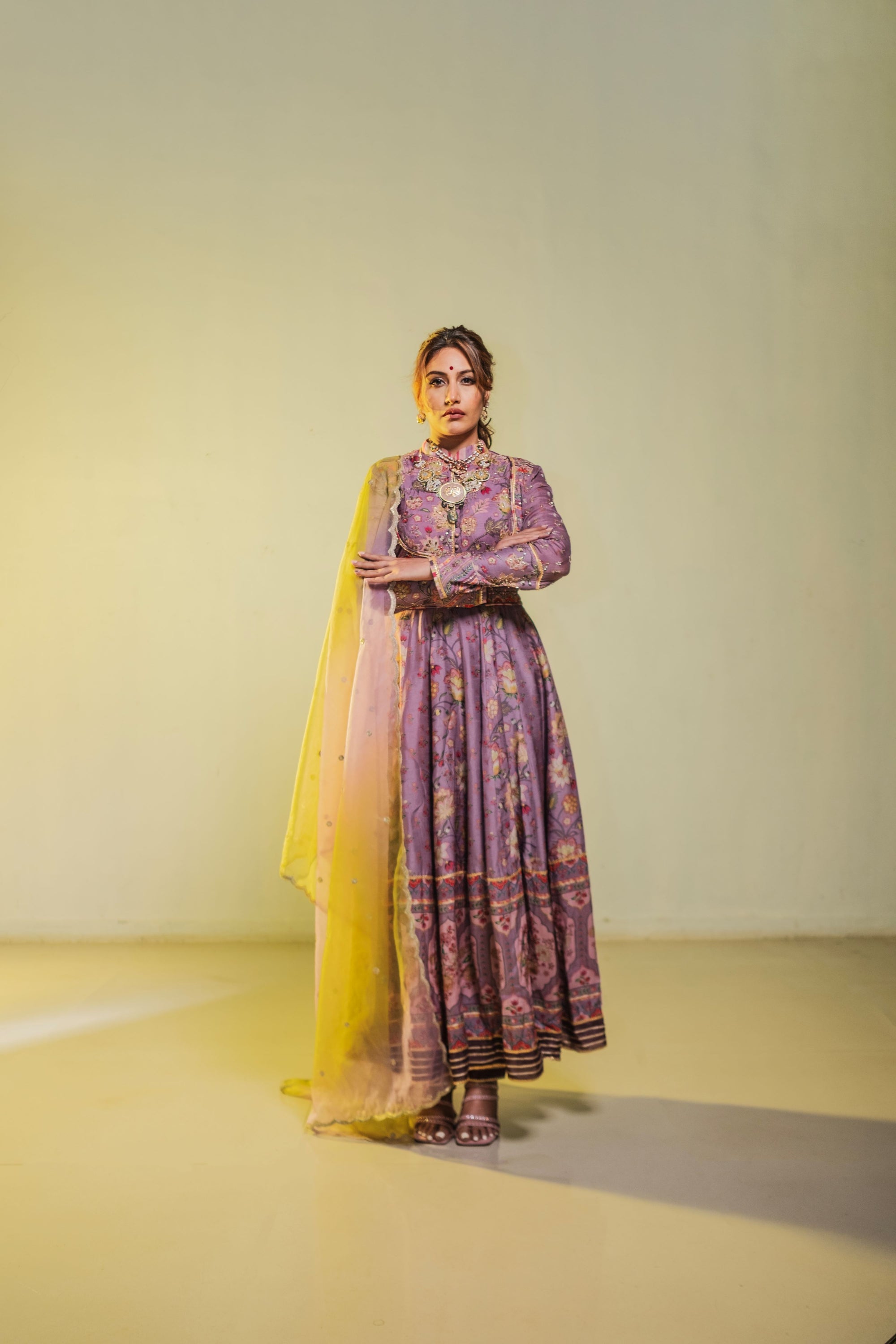 lavender anarkali with organza dupatta