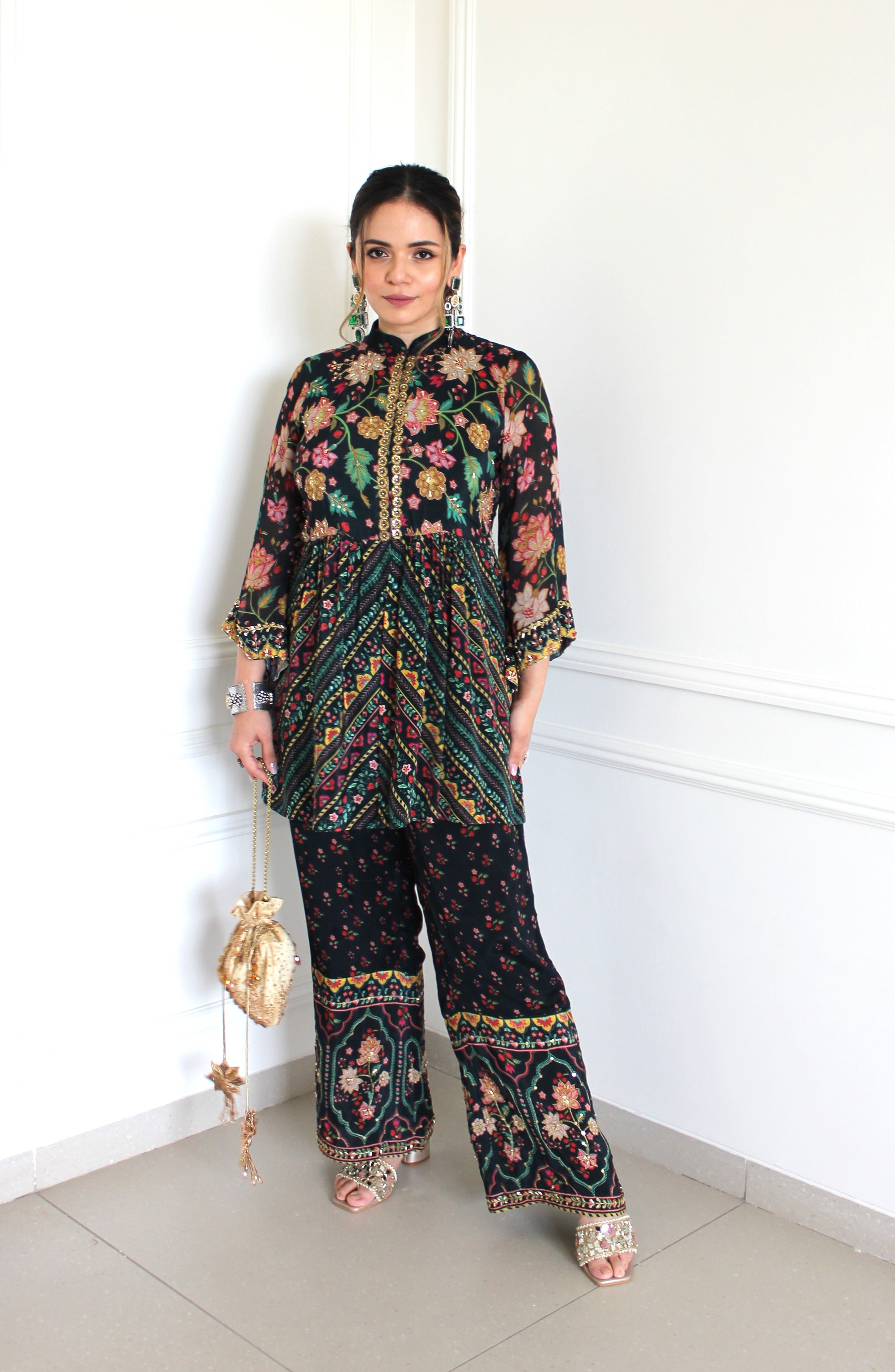 Peplum Co-Ord Set deep green with embroidery