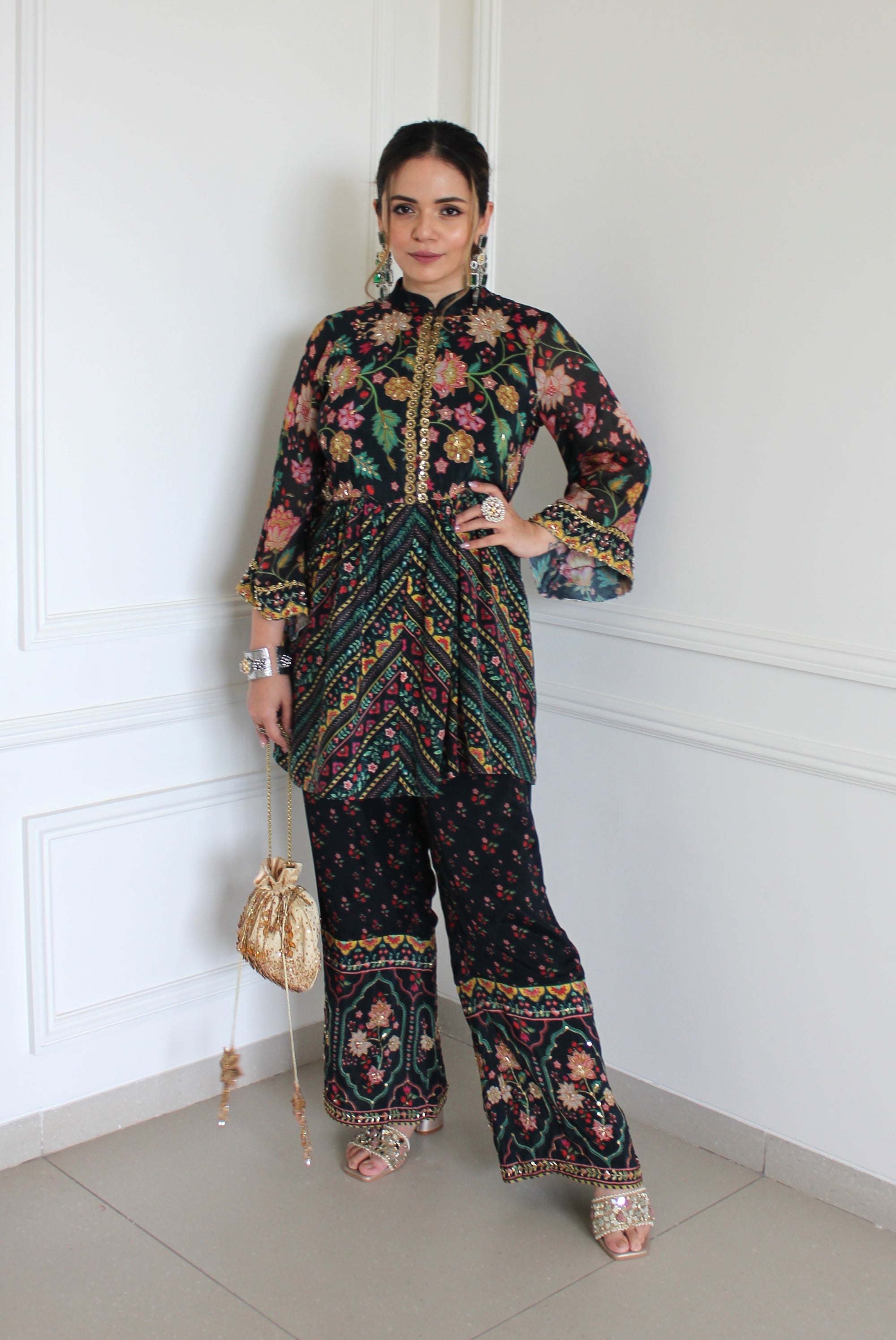 Peplum Co-Ord Set deep green with embroidery