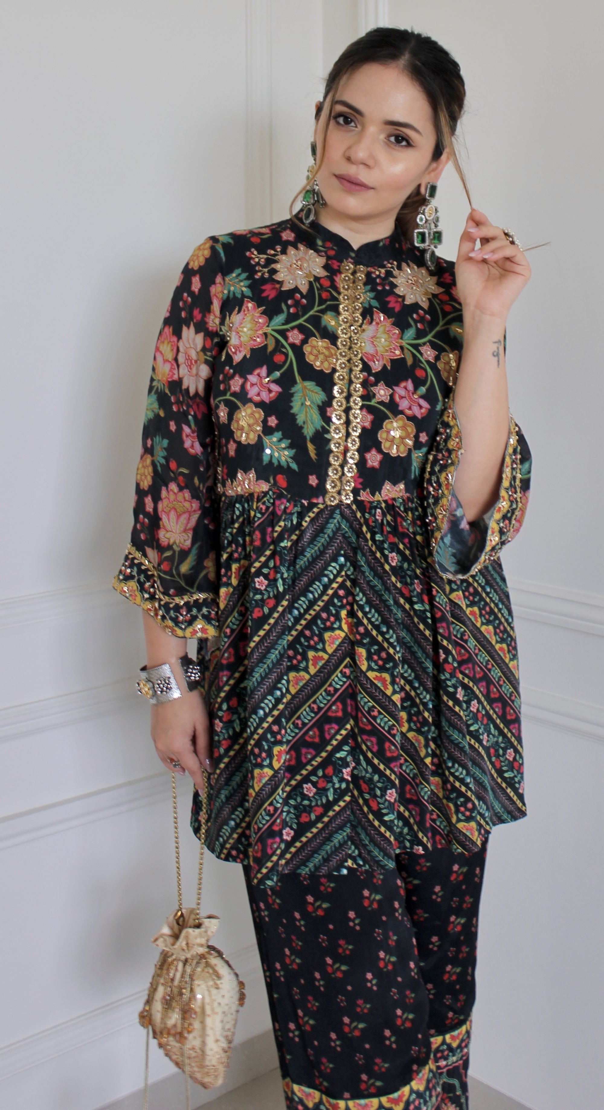 Peplum Co-Ord Set deep green with embroidery