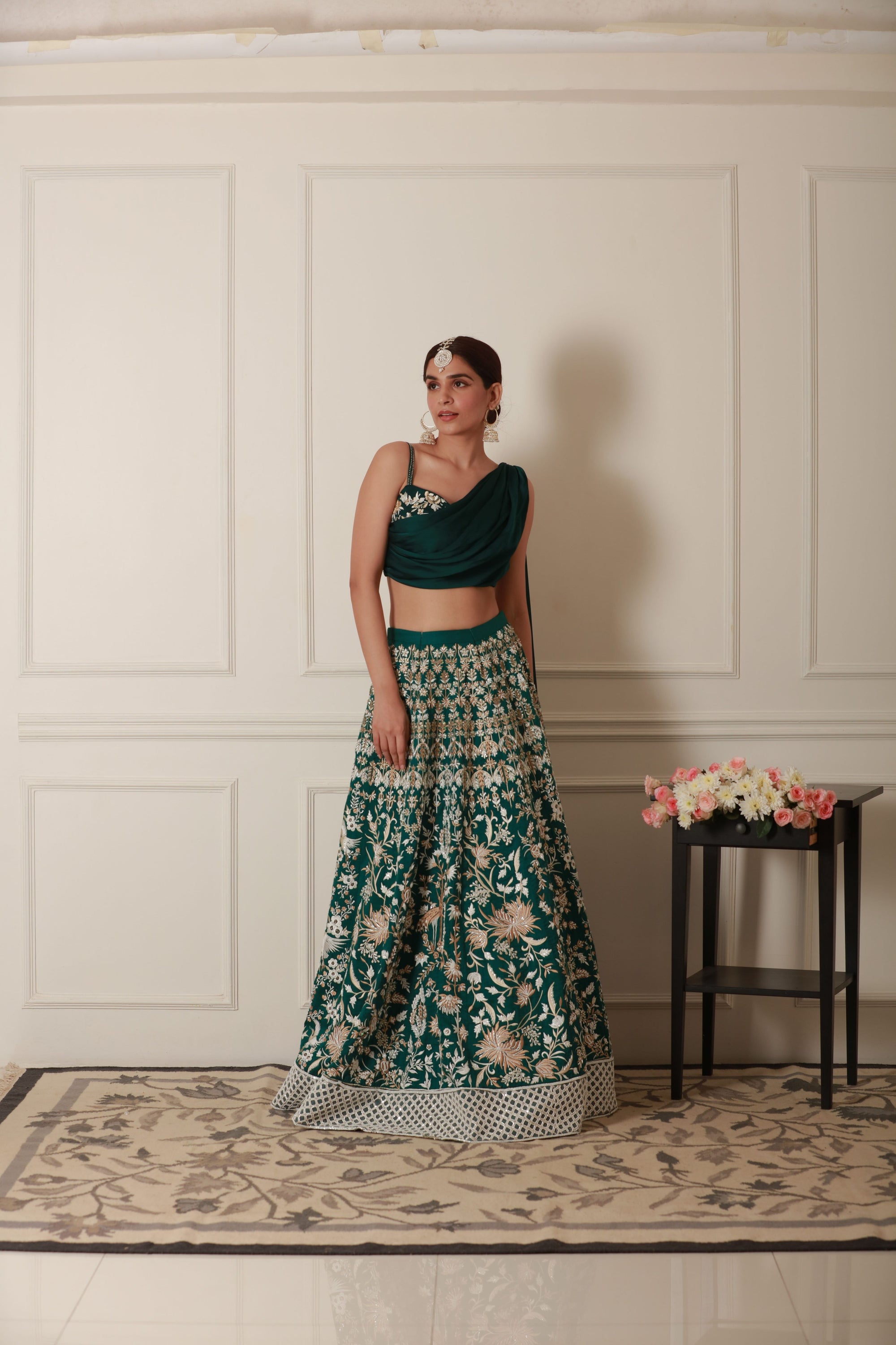 PRICILLA BOTTLE GREEN LEHENGA