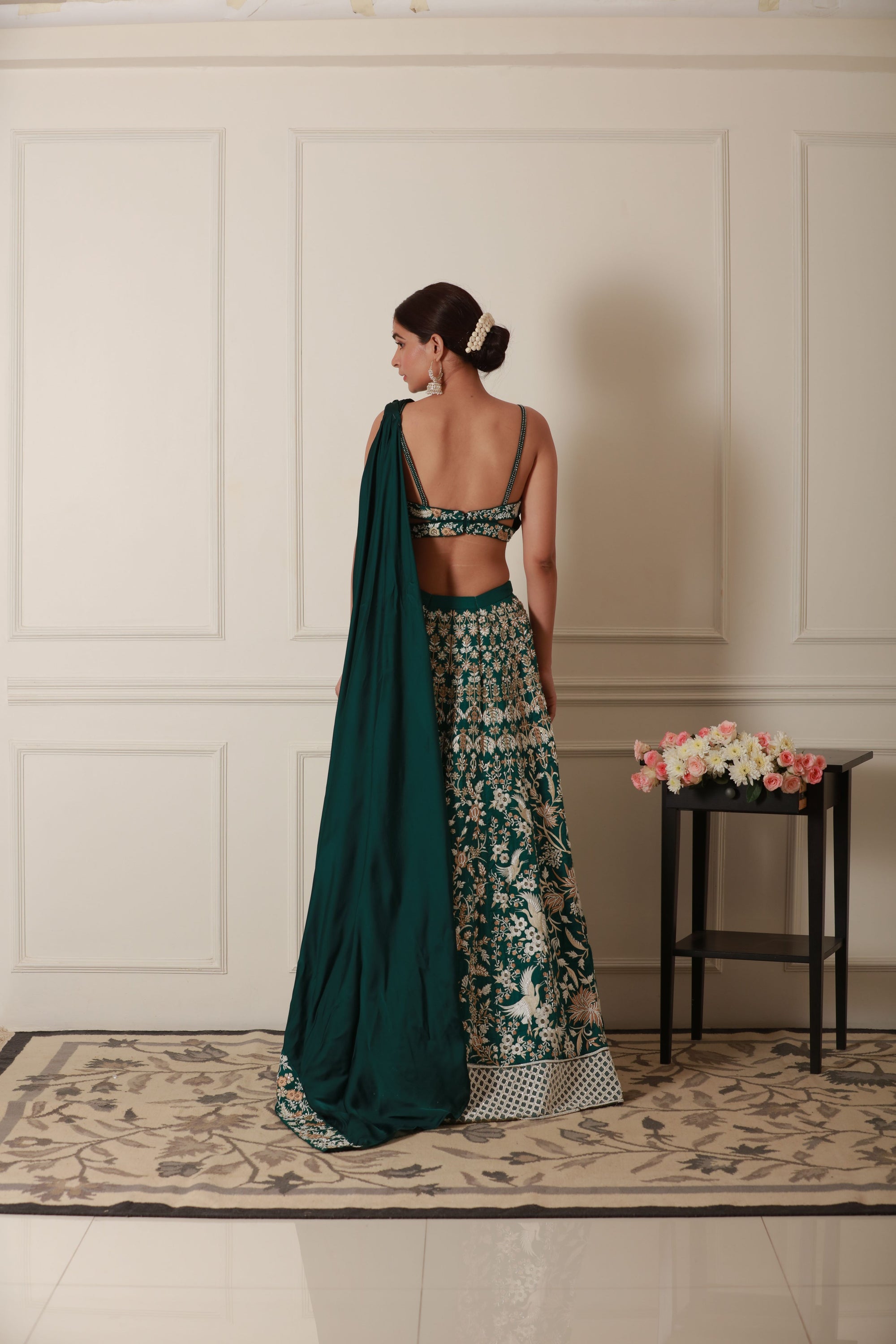 PRICILLA BOTTLE GREEN LEHENGA
