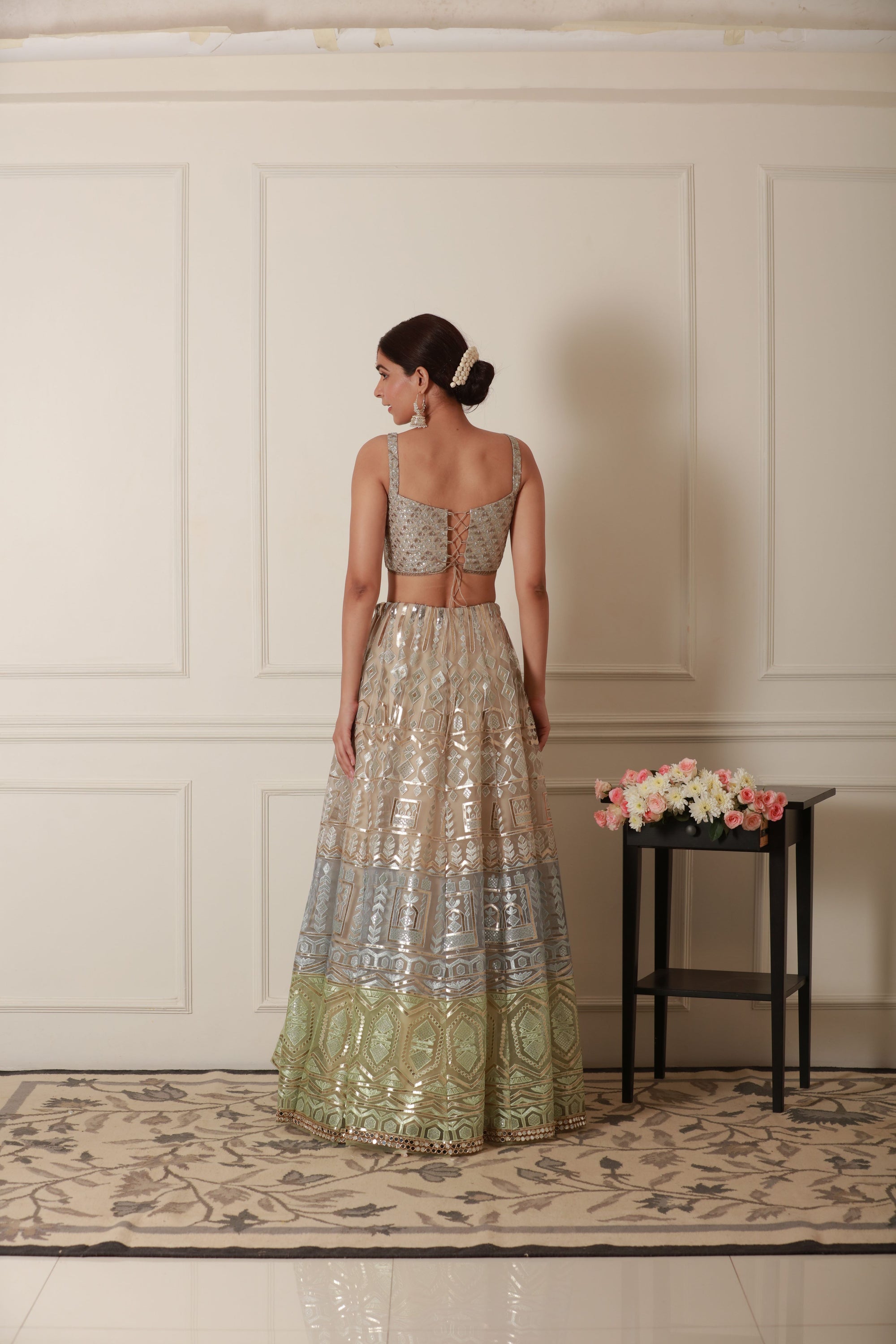 Pista green lehenga set foe engagement