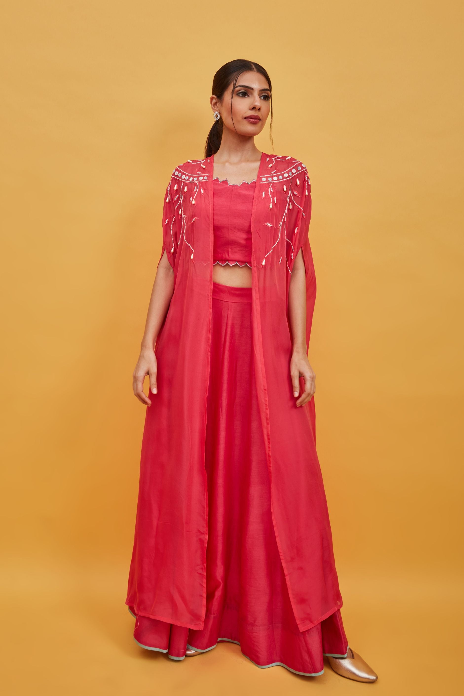 pink crop top with lehenga