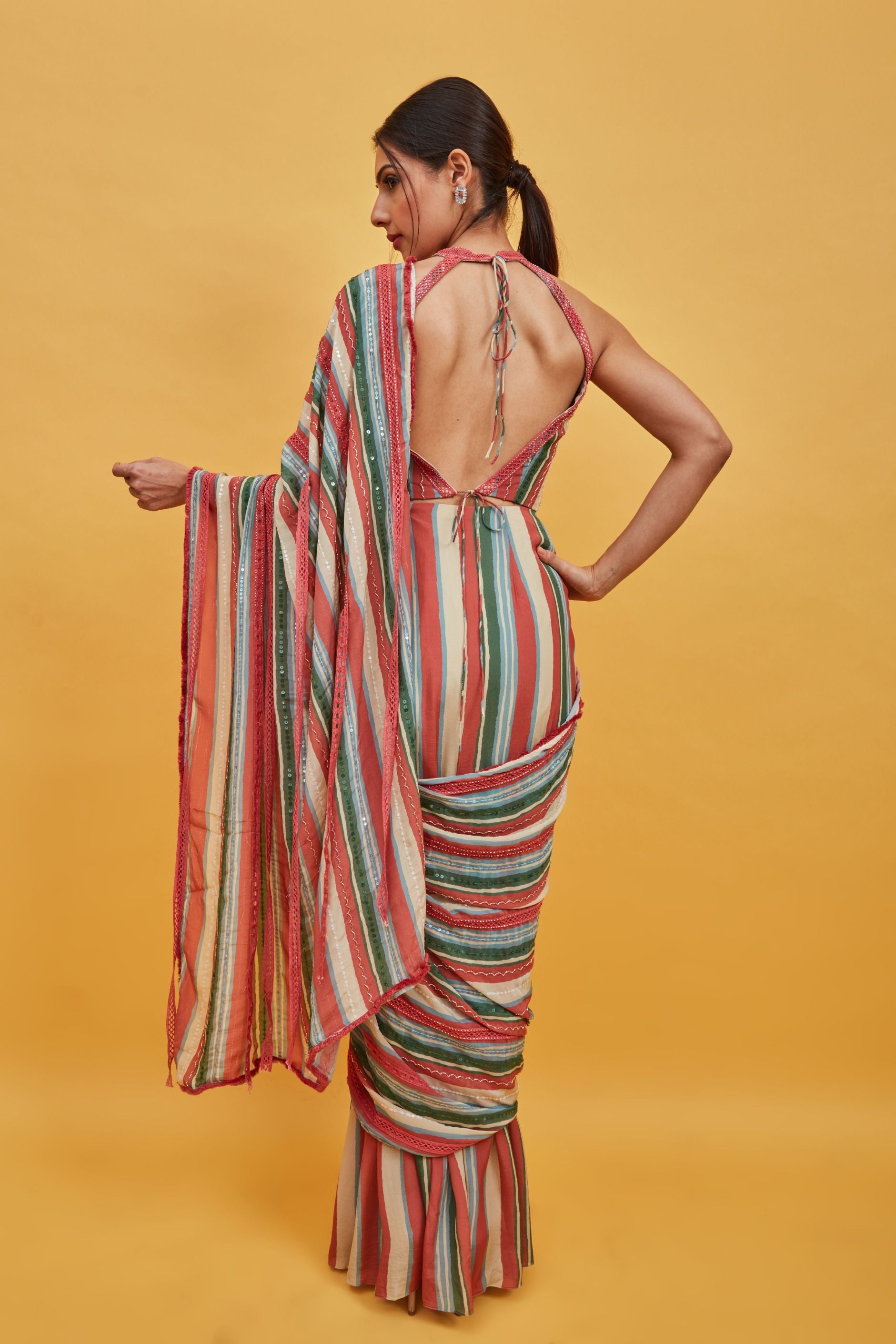 Stripe pre-drape saree for festivce season
