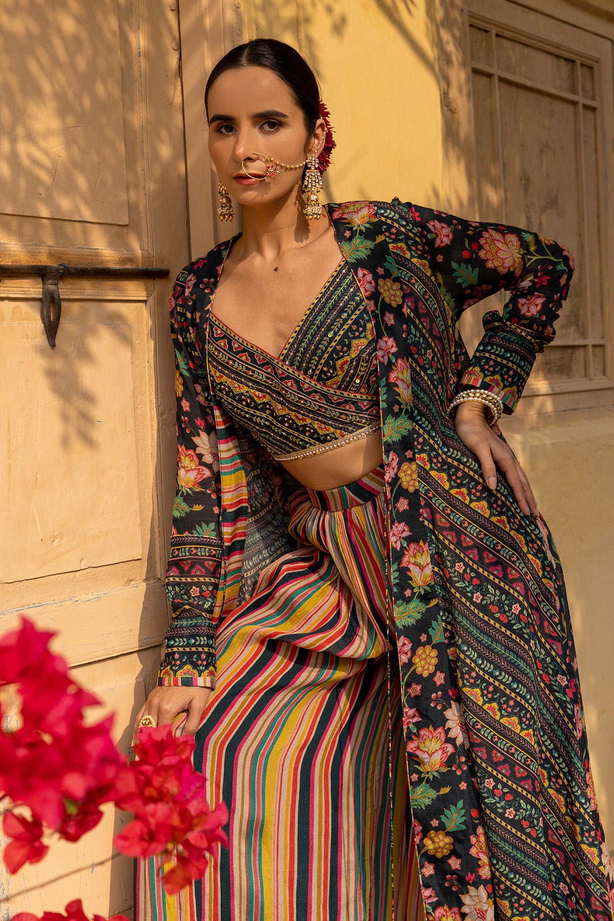 Deep green blouse With Long Jacket And Sharara Pants