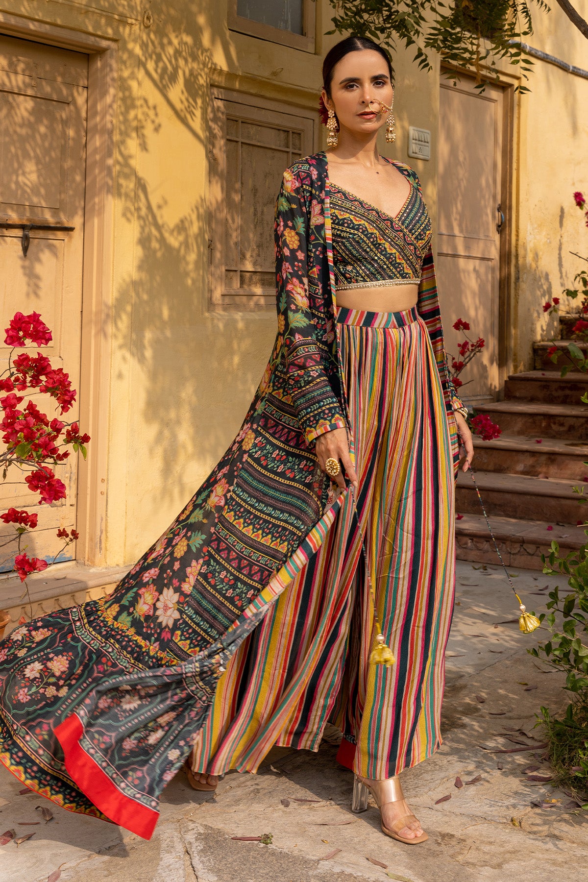 Deep green blouse With Long Jacket And Sharara Pants