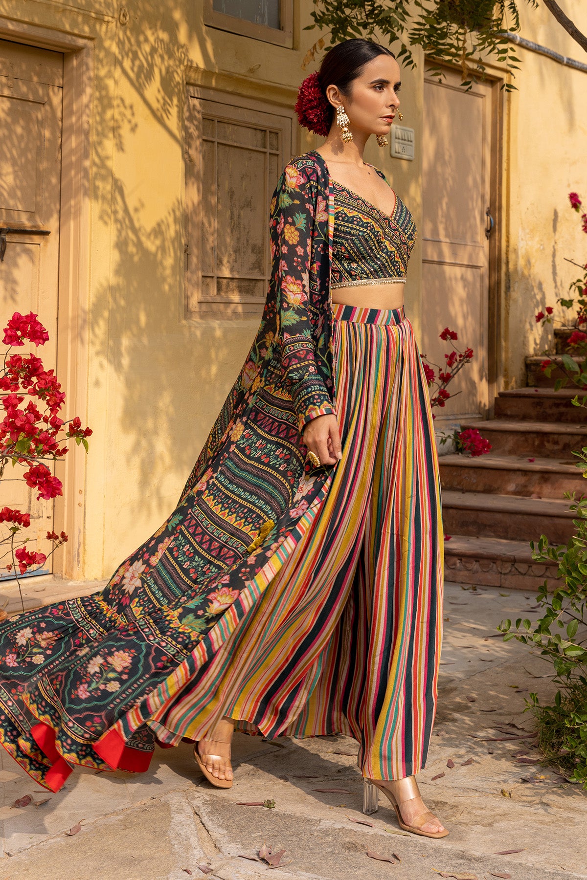 Deep green blouse With Long Jacket And Sharara Pants