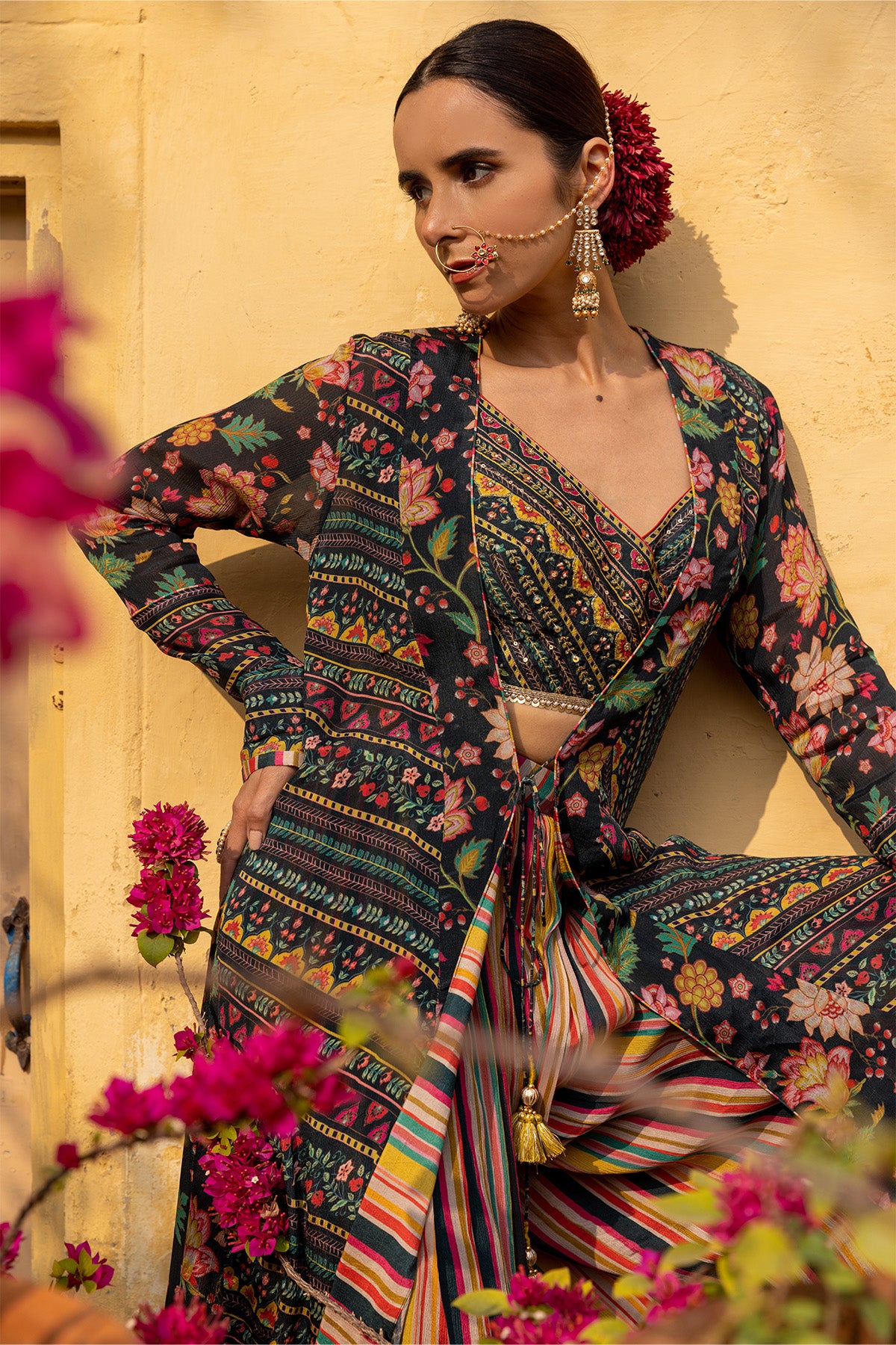 Deep green blouse With Long Jacket And Sharara Pants