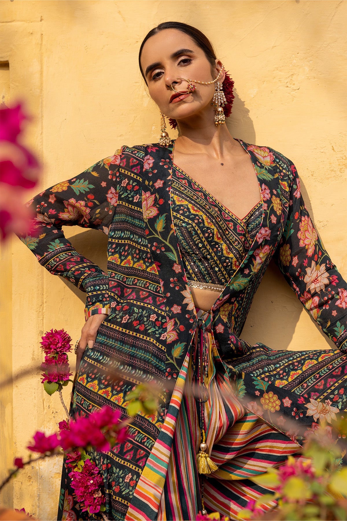 Deep green blouse With Long Jacket And Sharara Pants