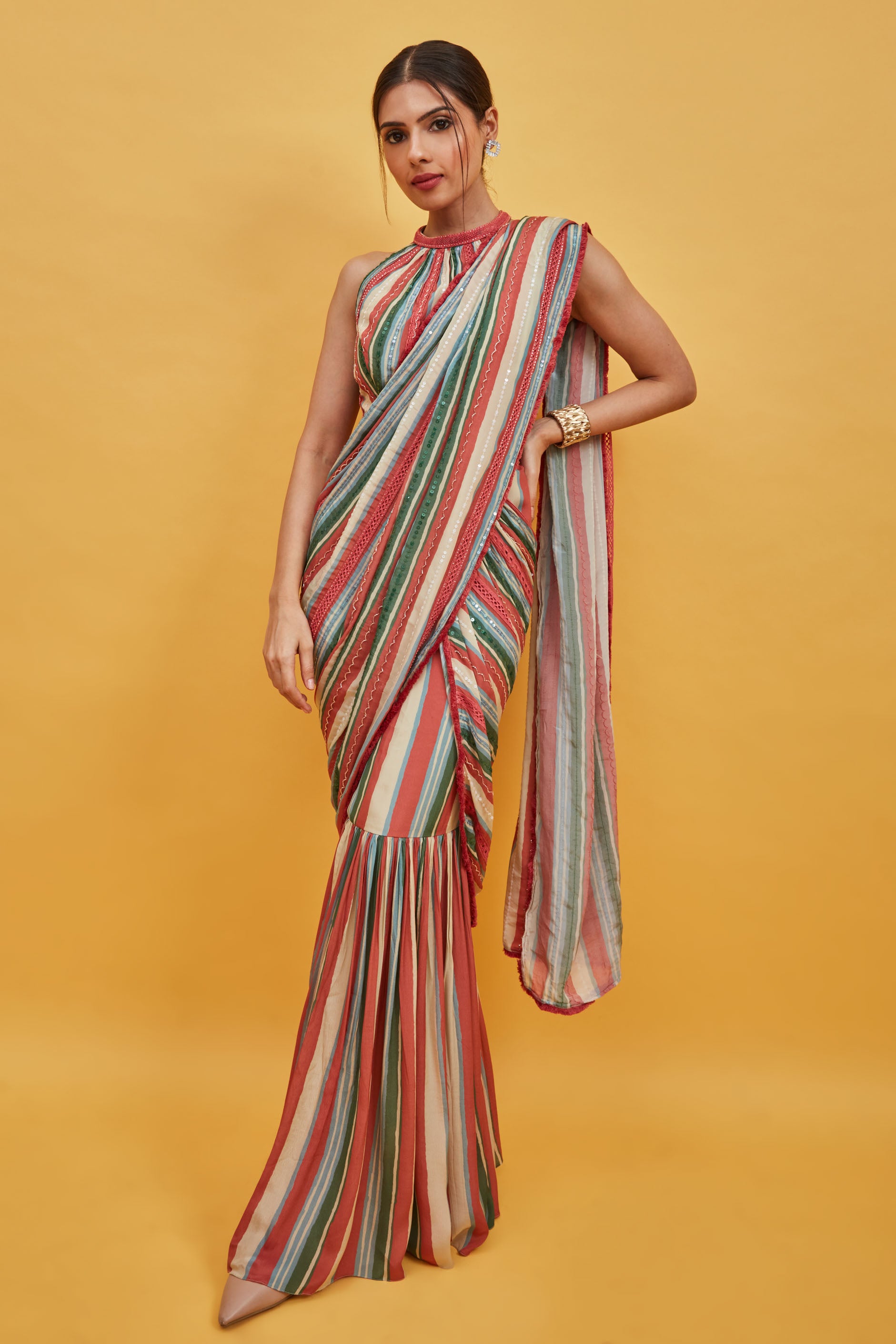 stripe pre-draped saree