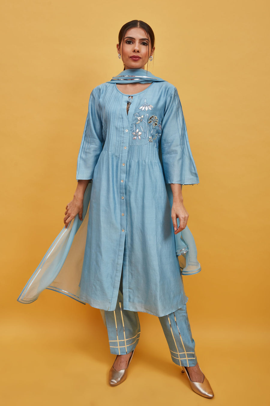 Light Blue Aayna Chanderi Kurta Pant Set With Embroidery| Sandhya Shah