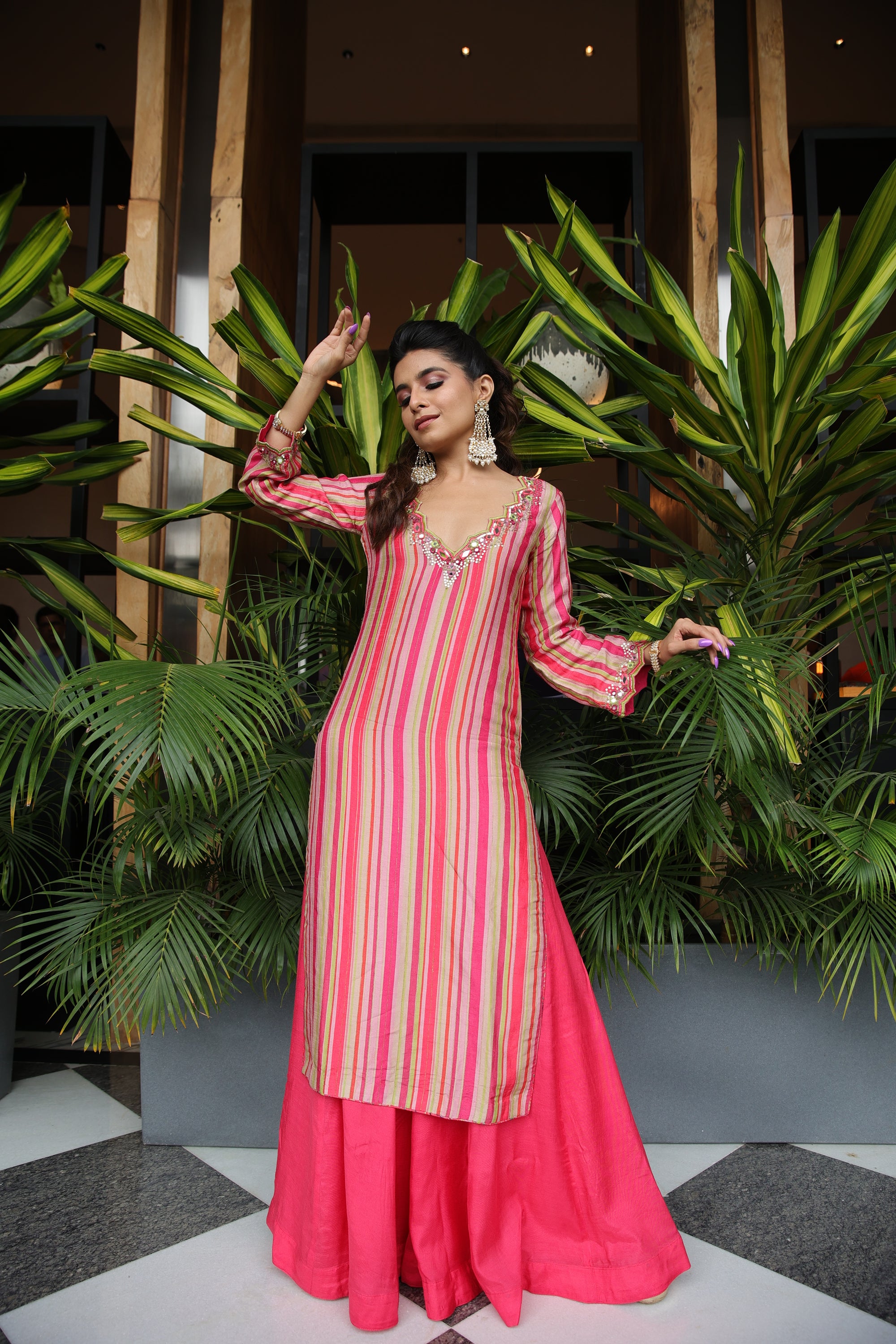 coral stripe kurta with lehenga