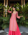 coral stripe kurta with lehenga