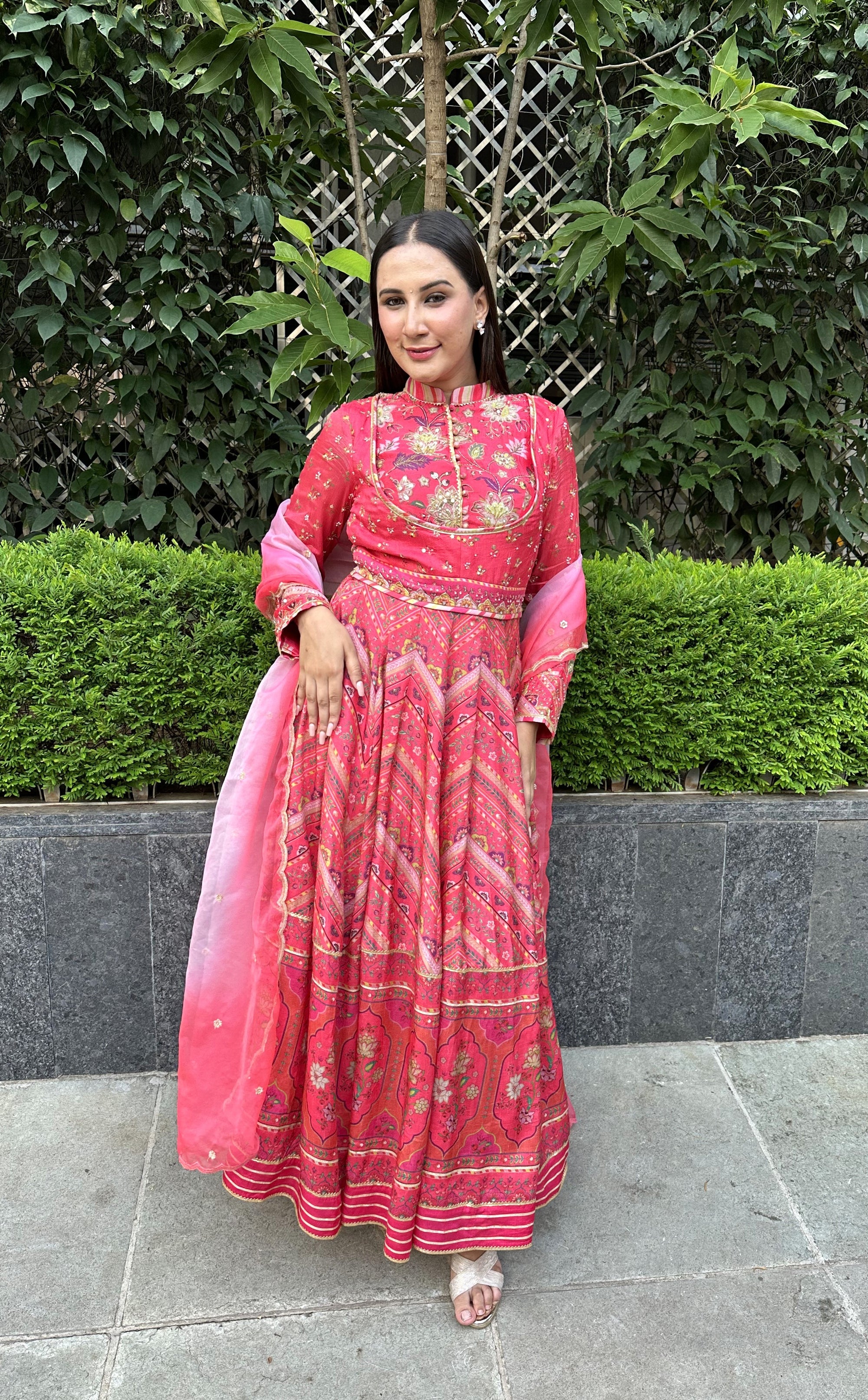 coral embroidery anarkali with organza dupatta