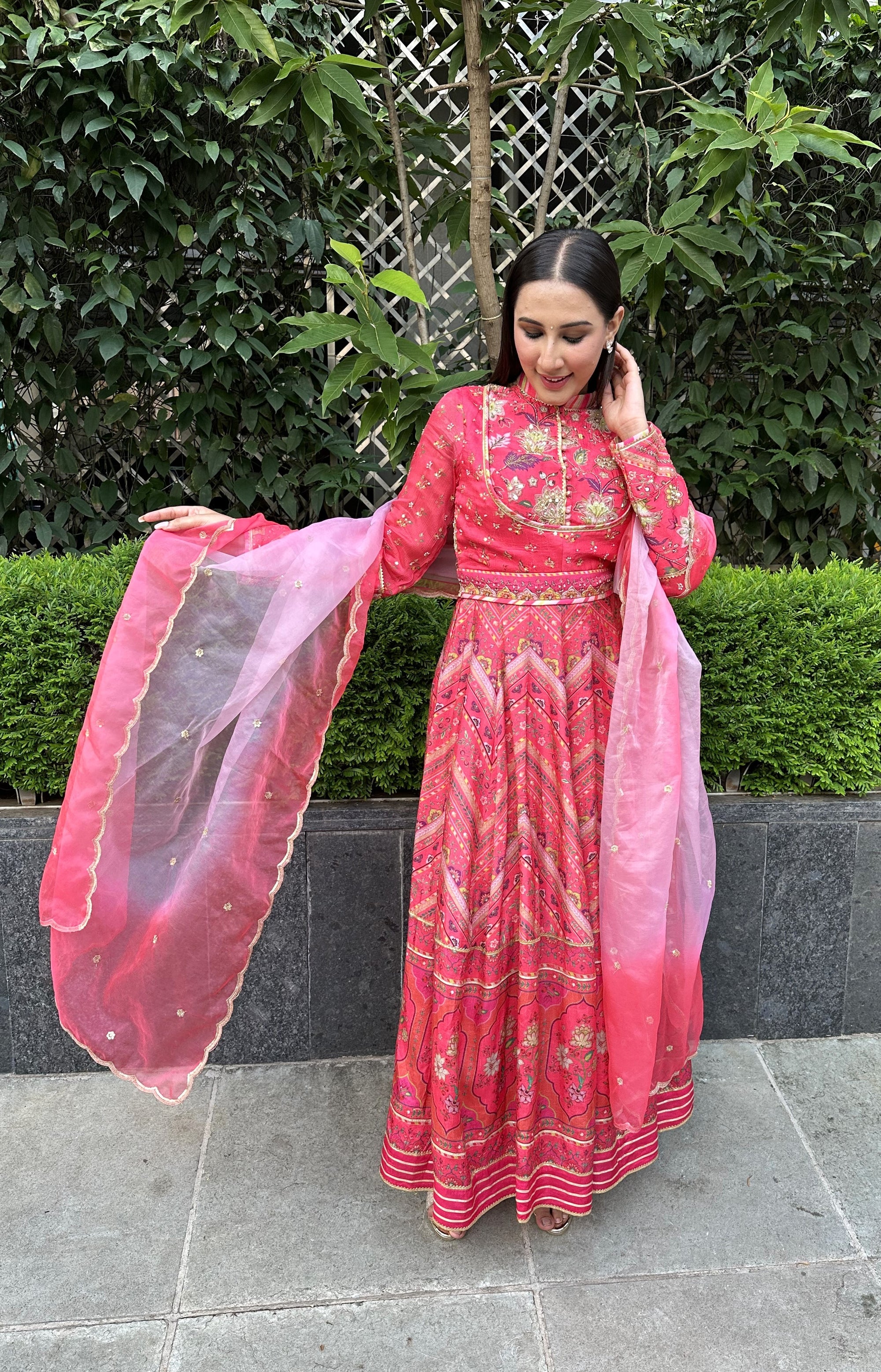 coral embroidery anarkali with organza dupatta