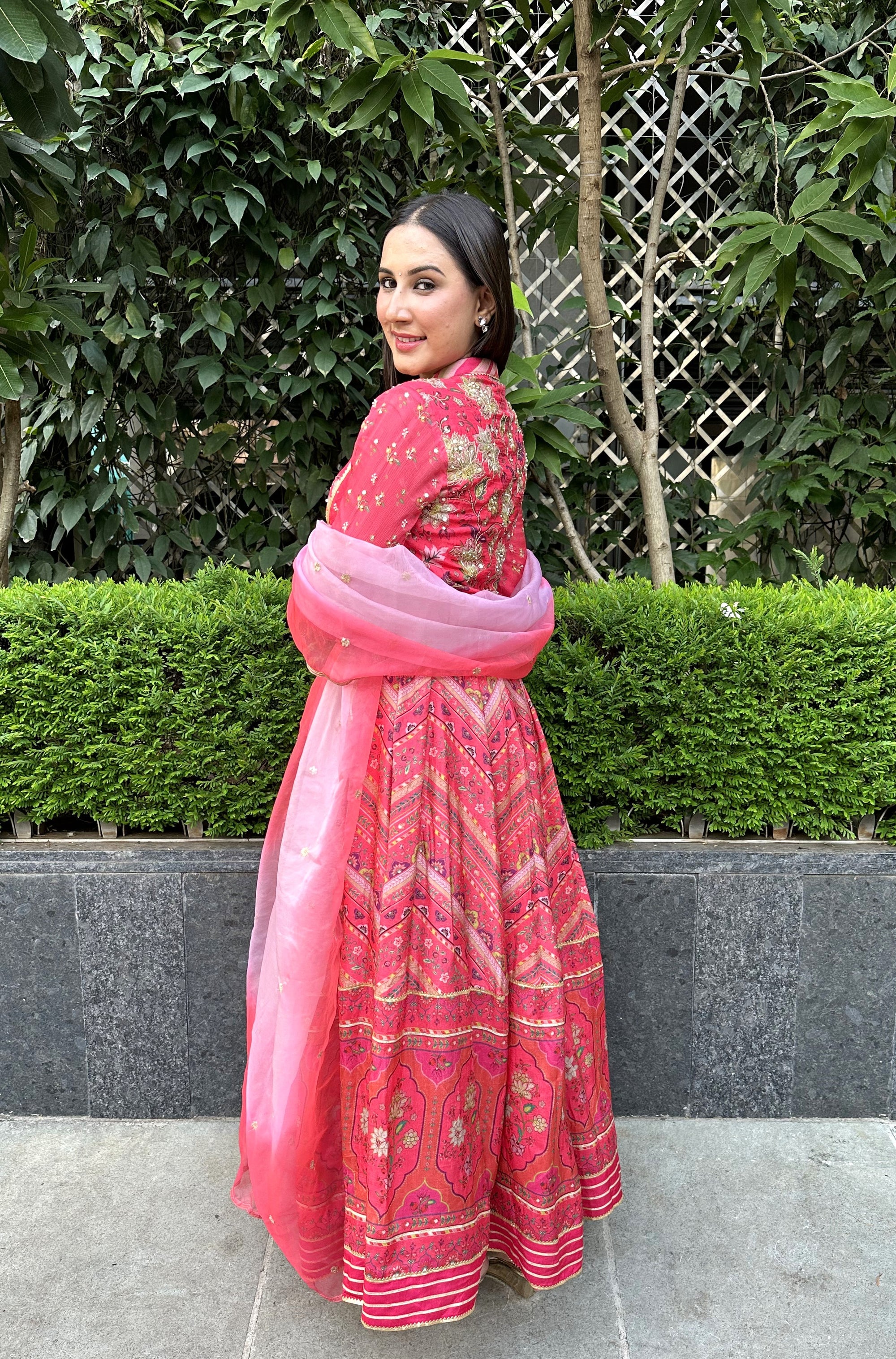 coral embroidery anarkali with organza dupatta