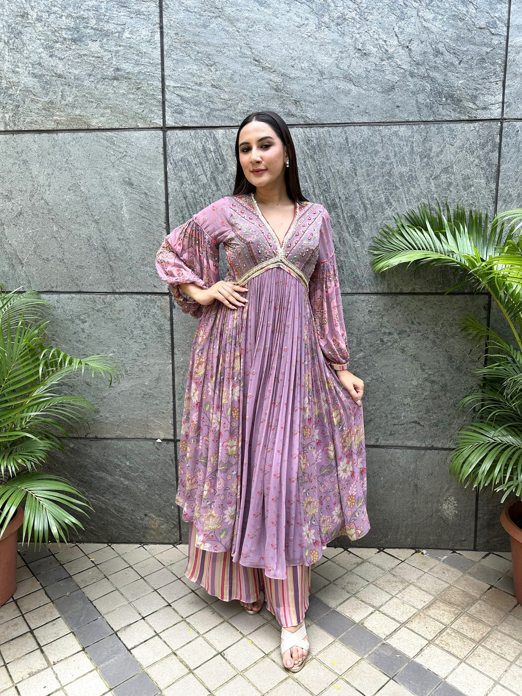 lavender gathered kurta set.i ndo-western outfit