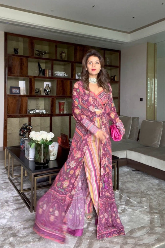 WINE LEHER SHARARA SET WITH CAPE