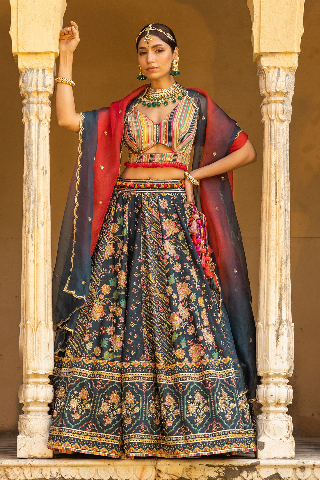 organza dupatta and raw silk lehenga