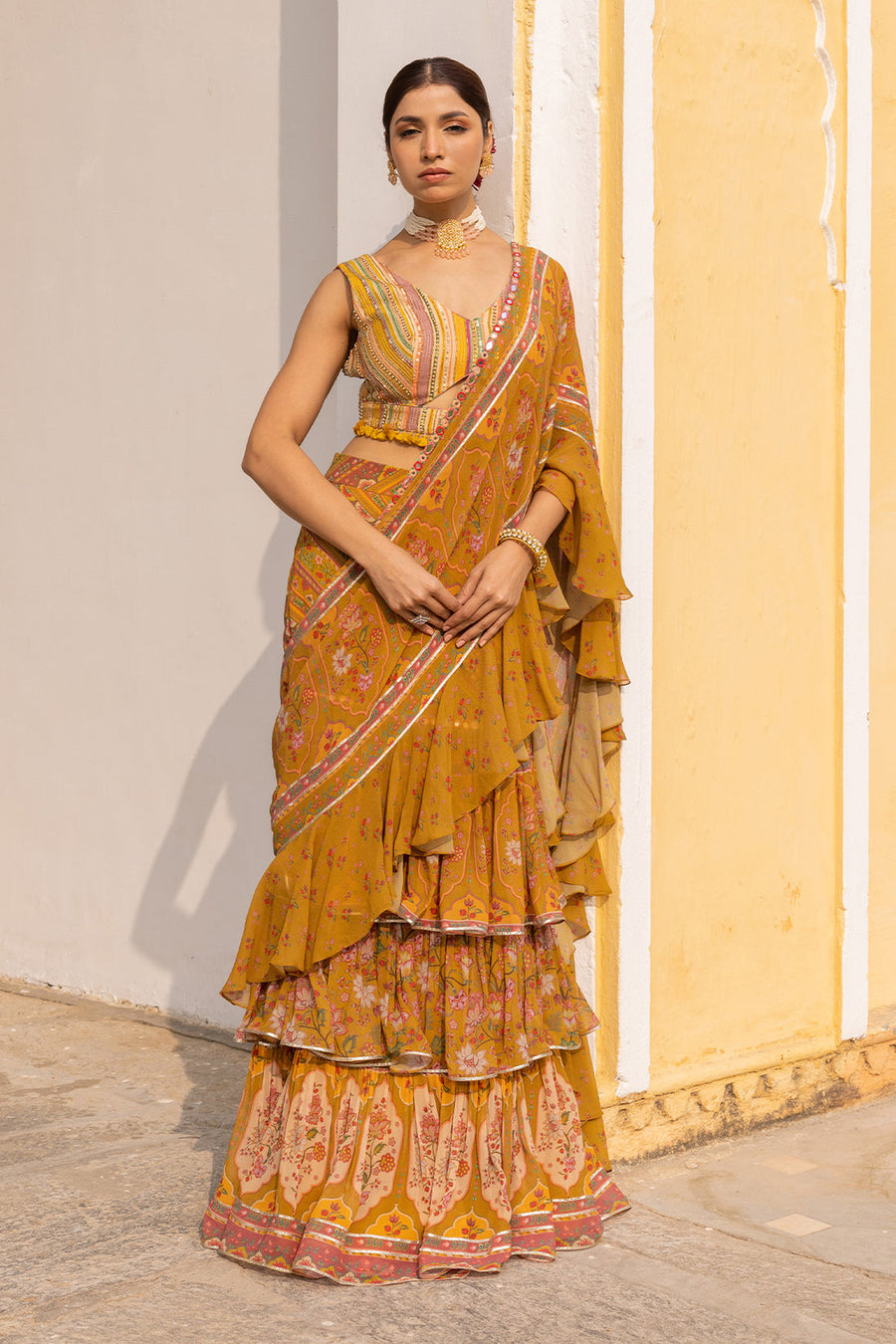 Mustard pre-draped ruffle saree