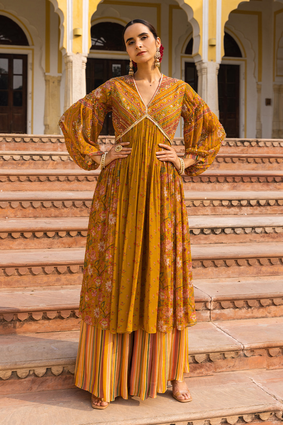 mustard gathered kurta set