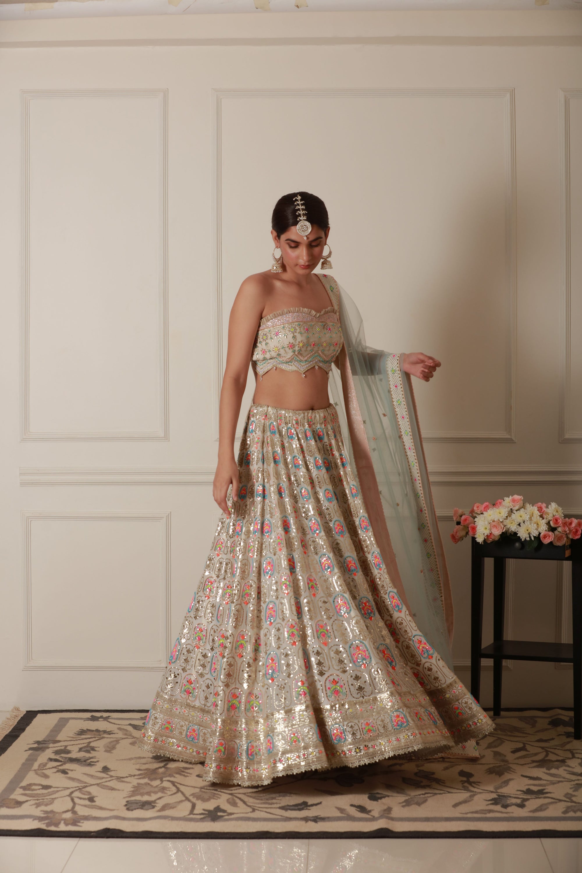 Raw Silk lehenga with net dupatta for engagement