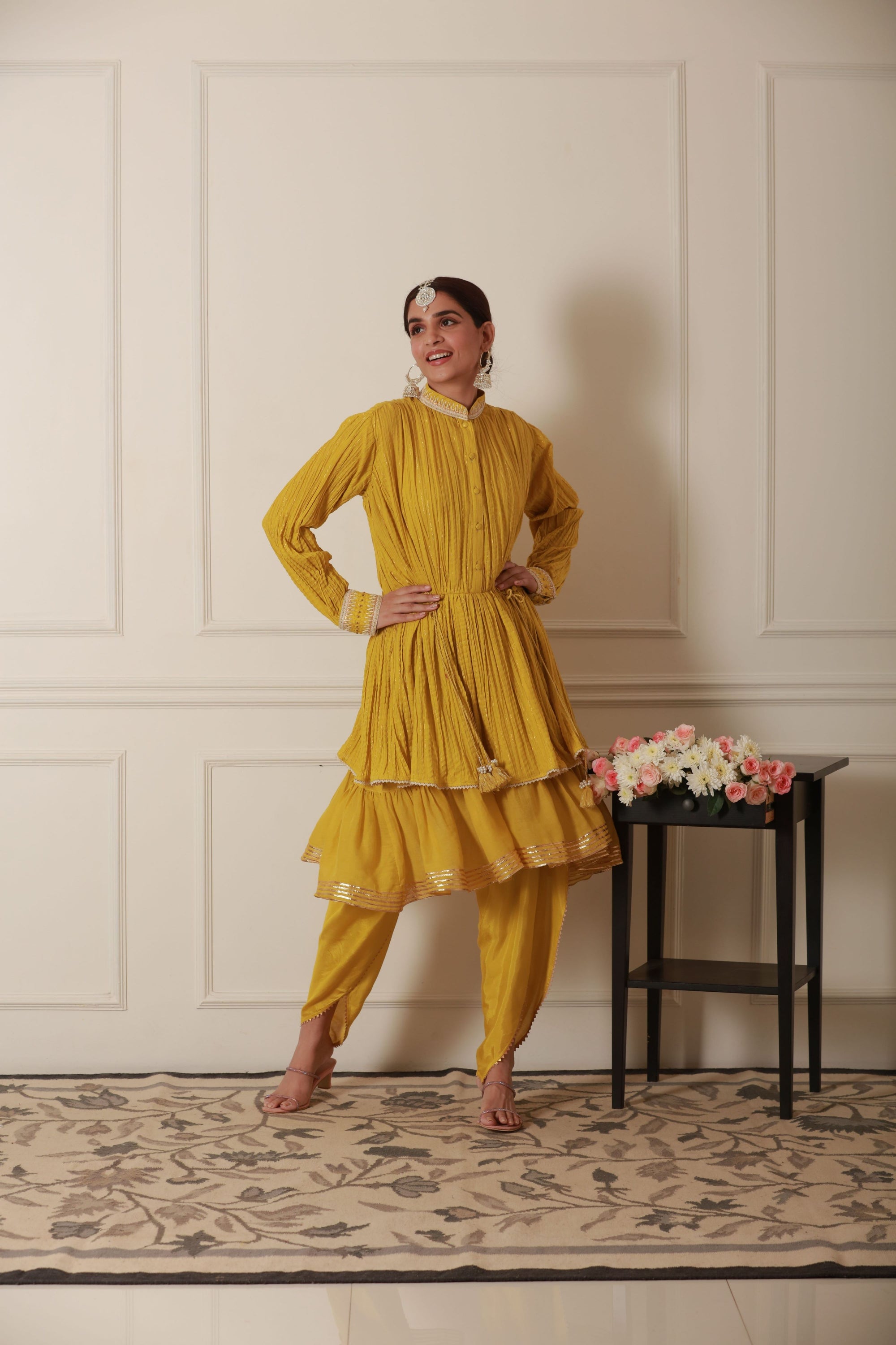 indo-western mustard Kurta With Dhoti Pant