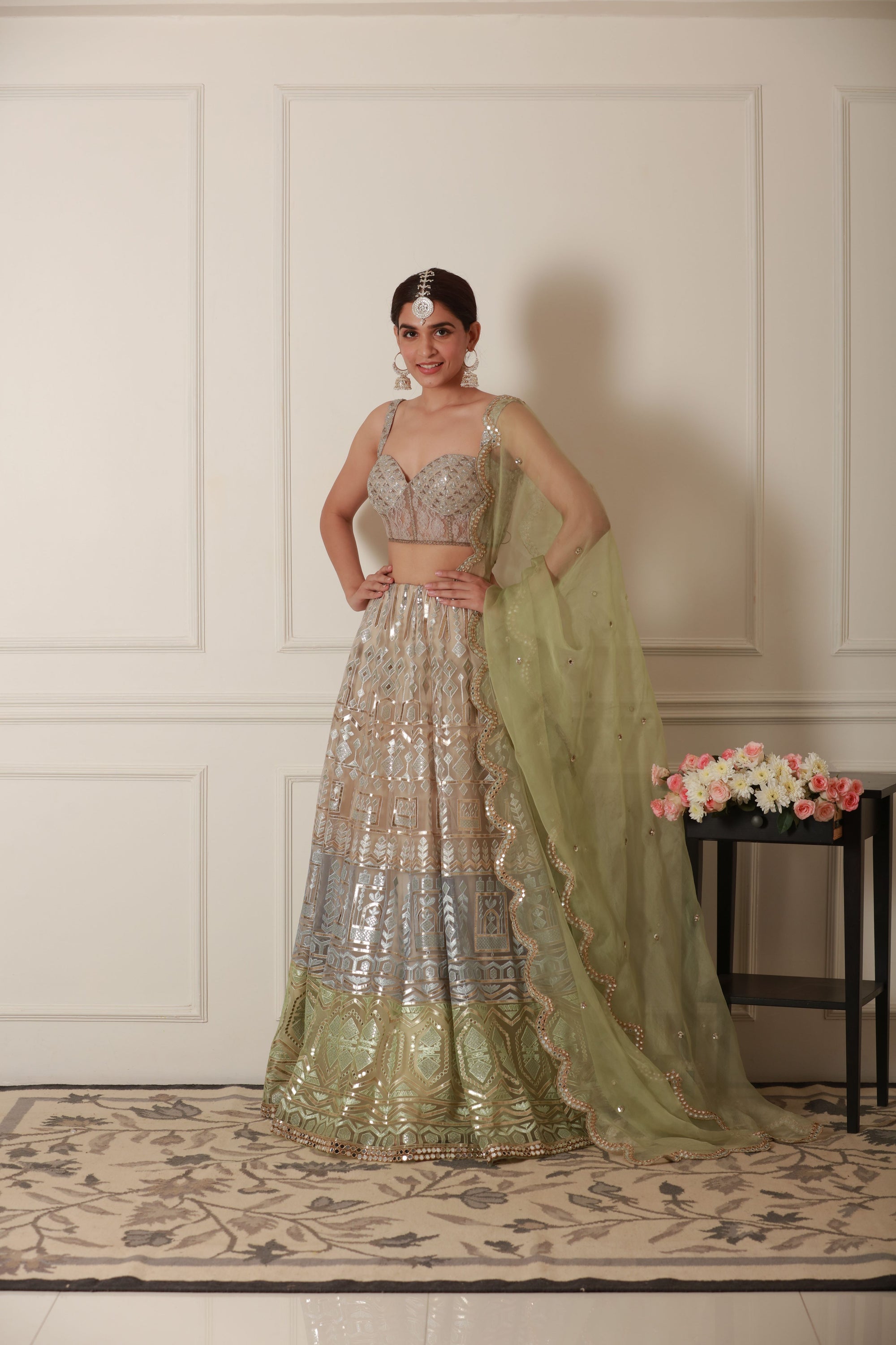 Pista green lehenga set foe engagement