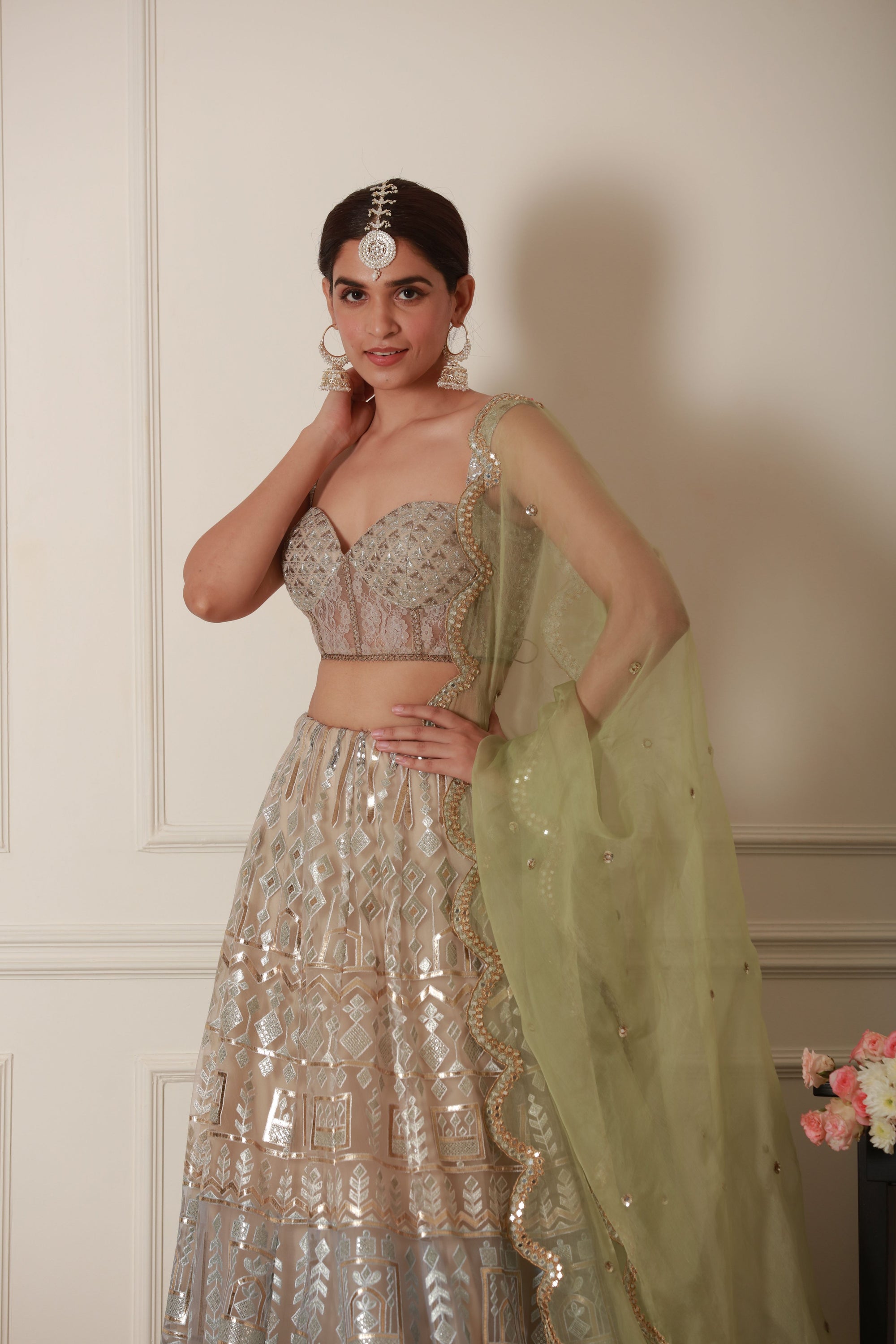 Pista green lehenga set foe engagement