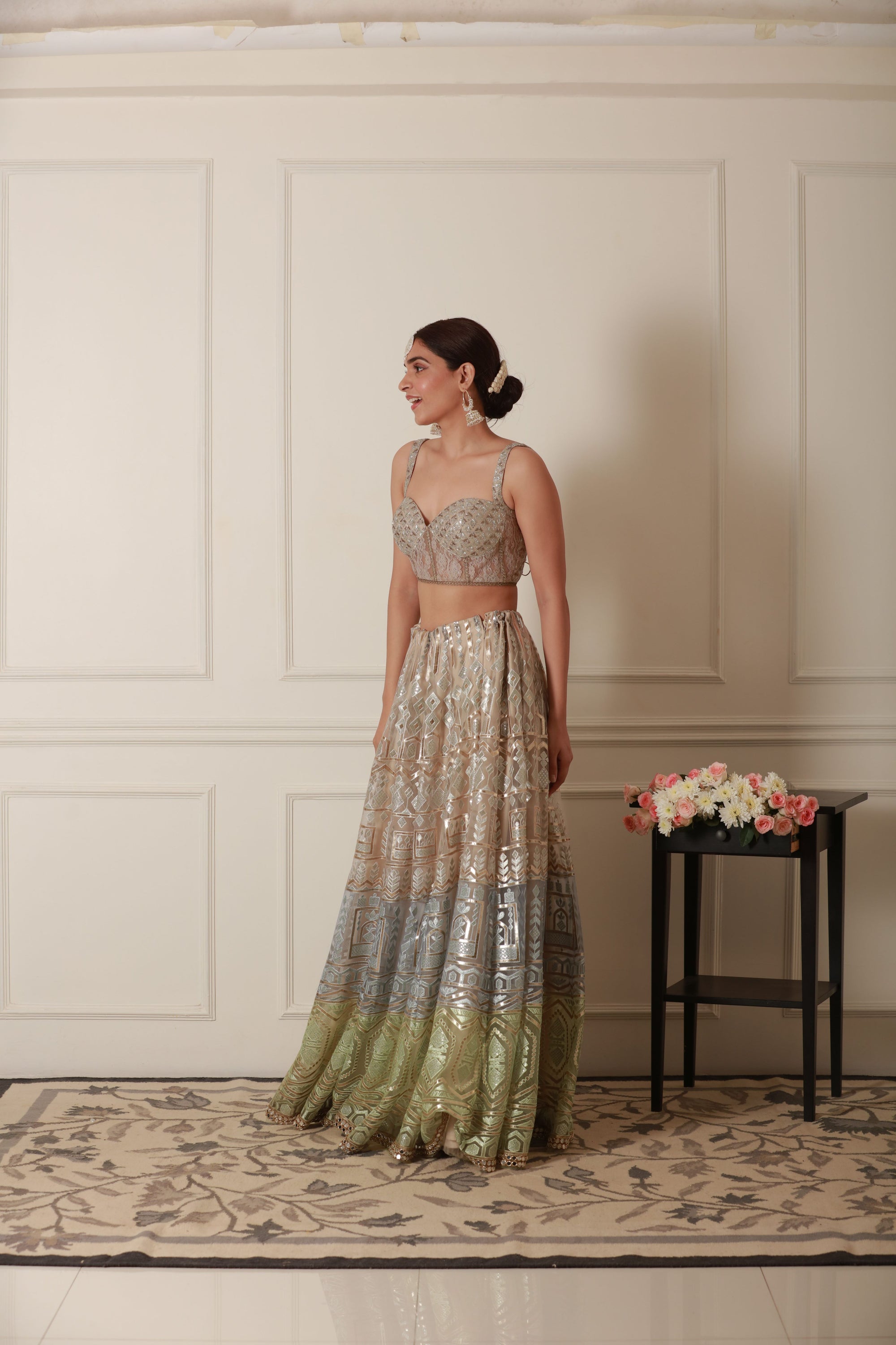 Pista green lehenga set foe engagement