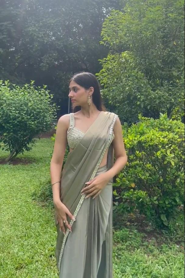 Elegant Olive Pre-Drape Saree