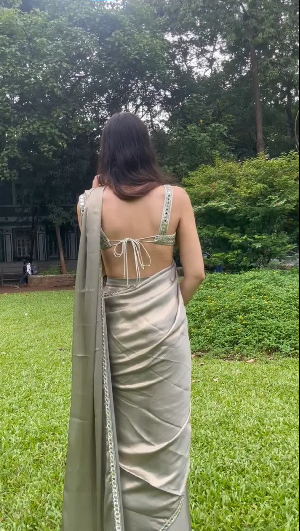 Elegant Olive Pre-Drape Saree