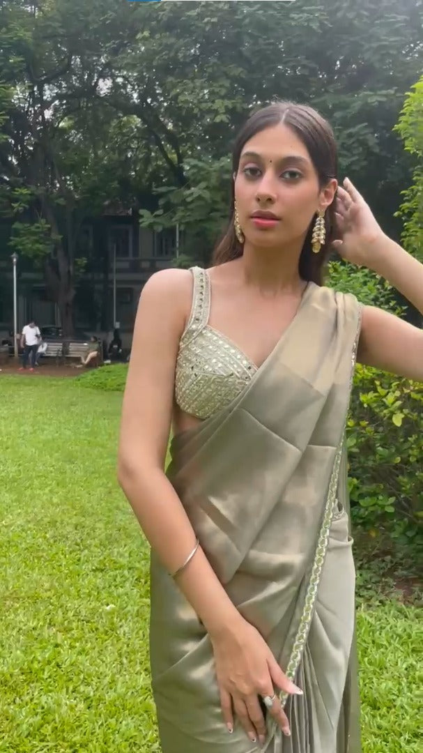 Elegant Olive Pre-Drape Saree