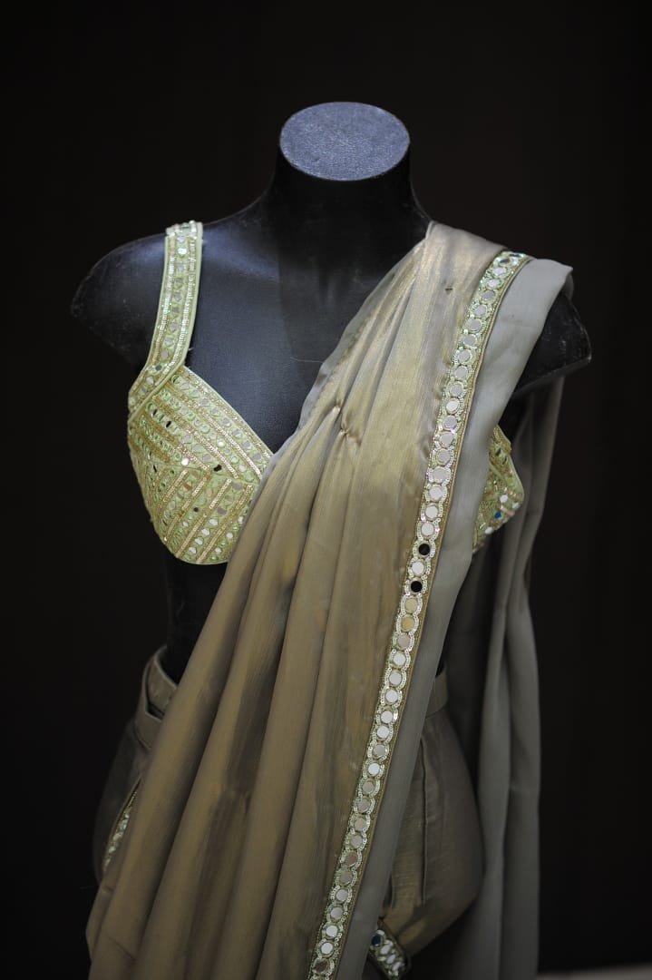 Elegant Olive Pre-Drape Saree