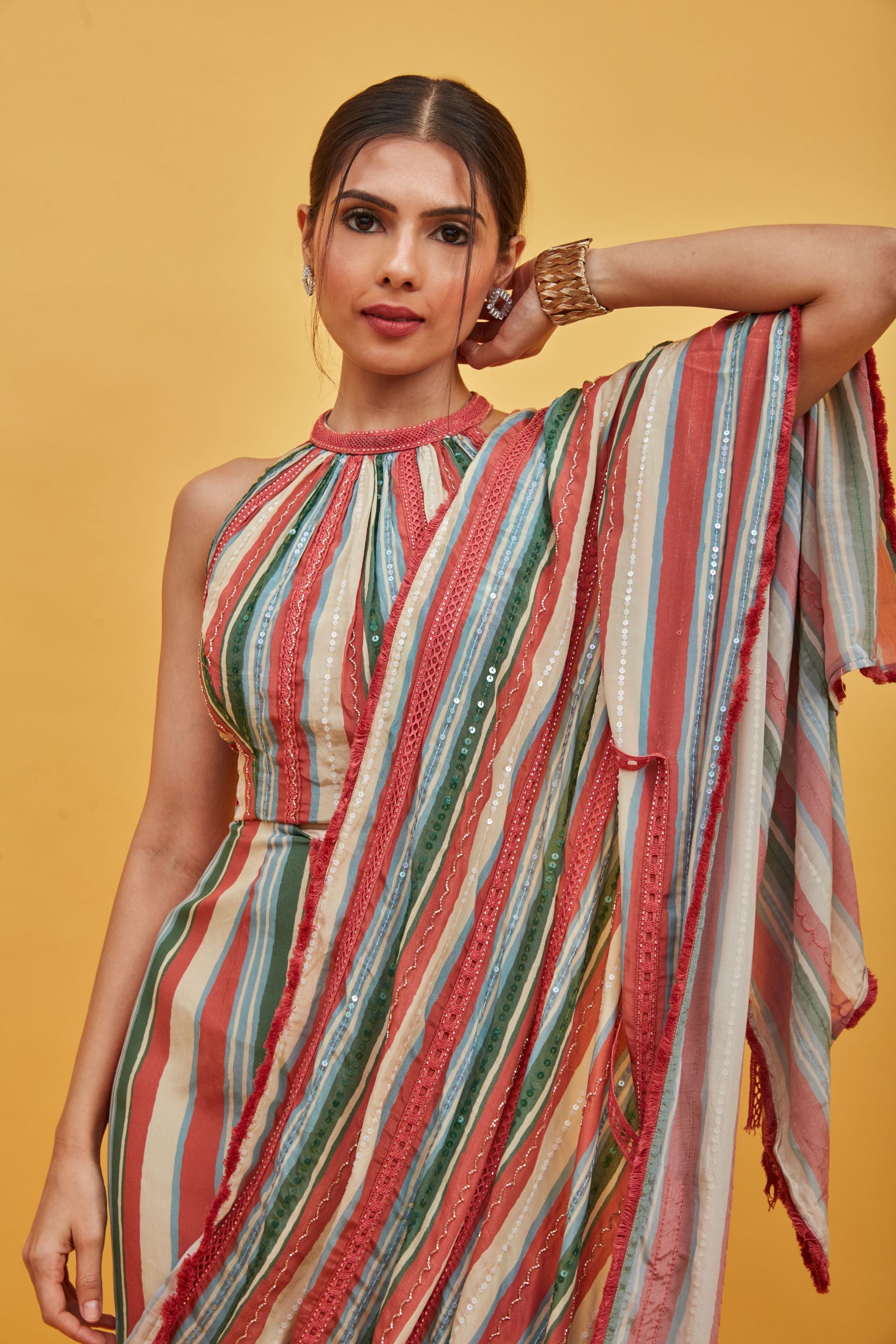 Stripe pre-drape saree