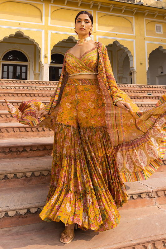 MUSTARD YELLOW MEHER SHARARA SET WITH CAPE