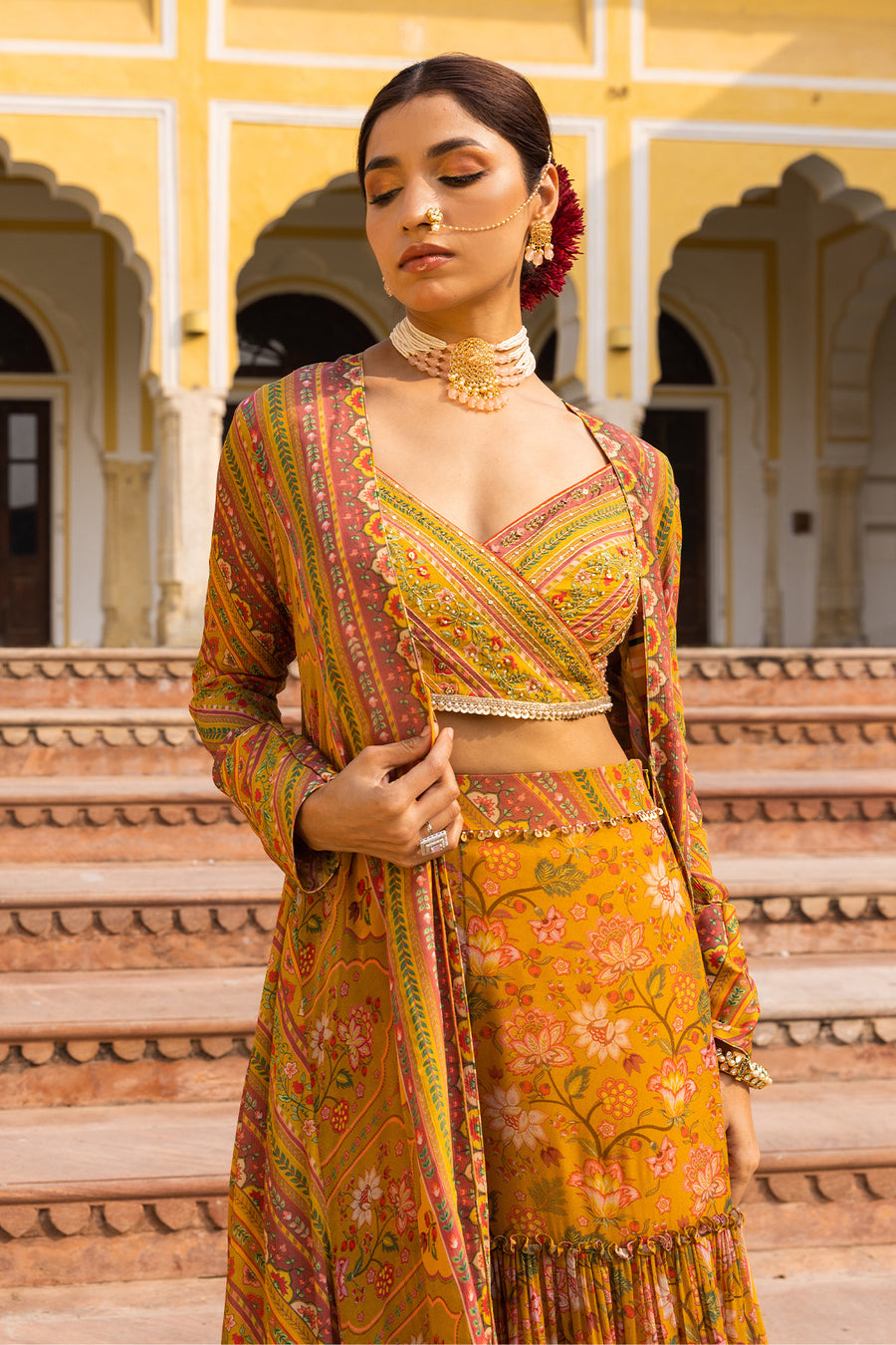 Meher Hand Embroidered Blouse With Cape And Sharara