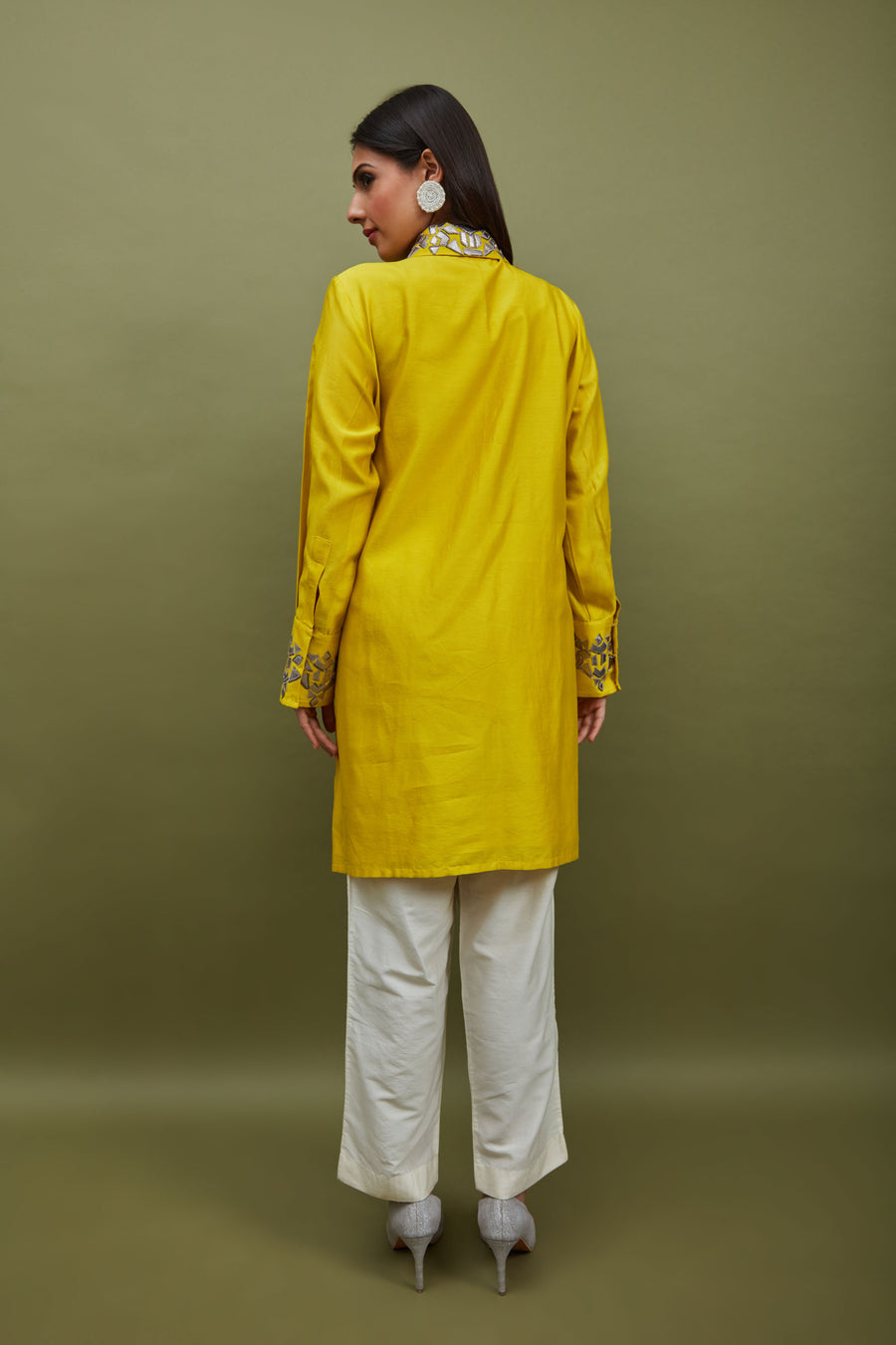 Yellow pleated shirt with slim pant