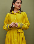 Yellow pleated shirt with slim pant